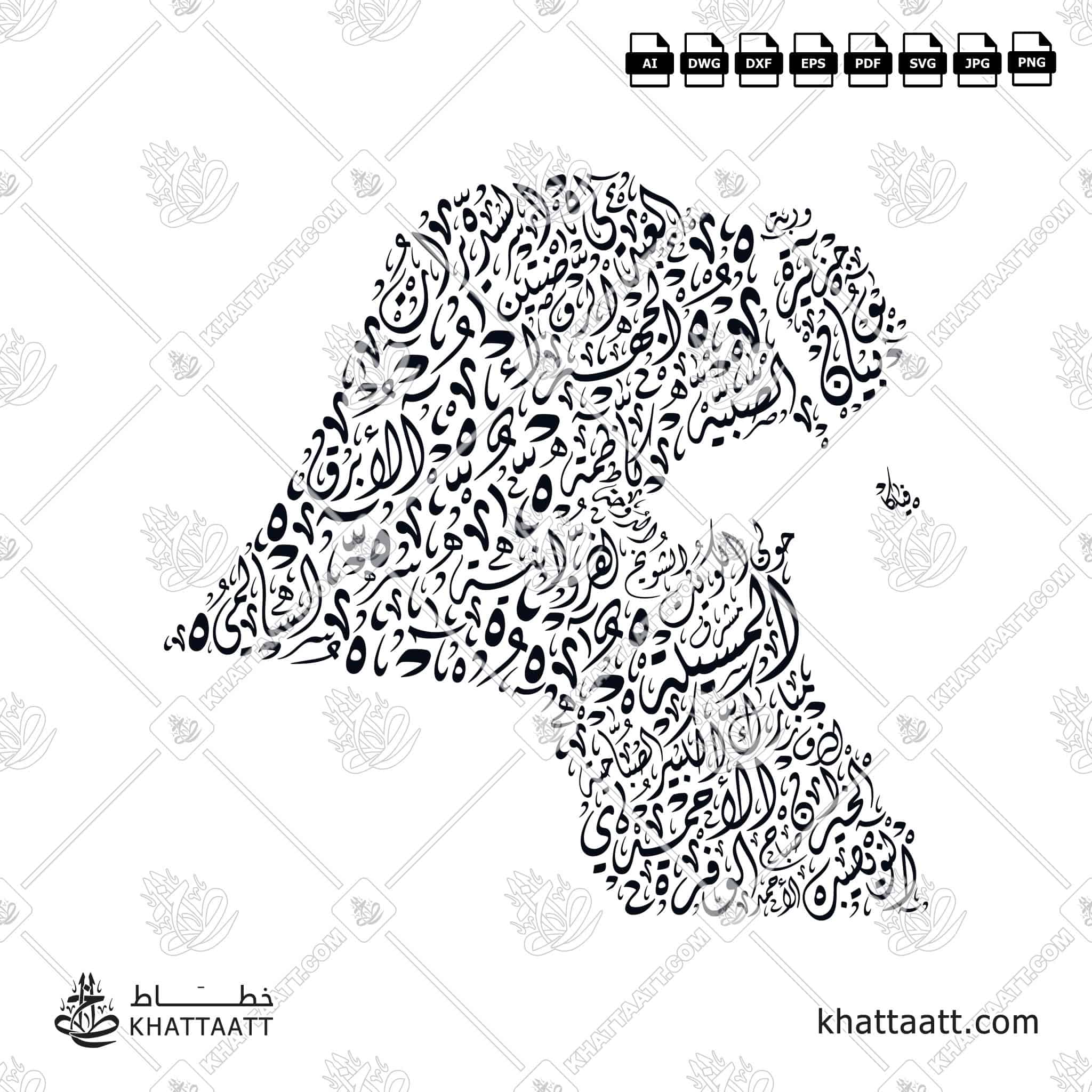 خريطة دولة الكويت مع أسماء المحافظات والمناطق - الخط الديواني - تصميم خط عربي فيكتور - Kuwait Map With Names Of Governorates And Areas - Diwani Script - Arabic Calligraphy Vector